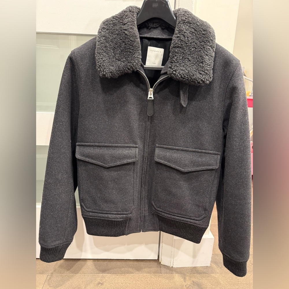 Sandro Charcoal Jacket with Shearling Collar